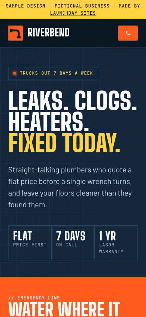 Mobile view of the Riverbend Plumbing sample site