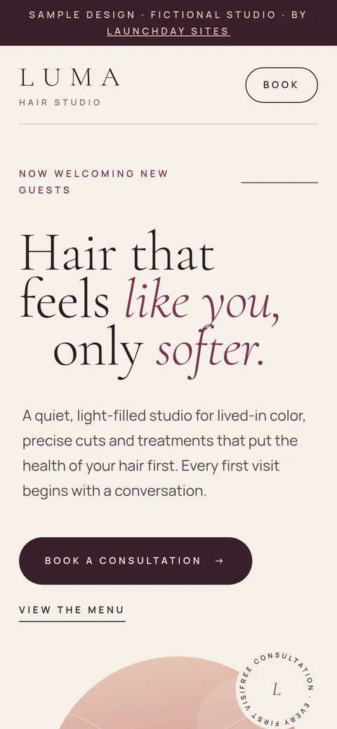 Mobile view of the Luma Hair Studio sample site